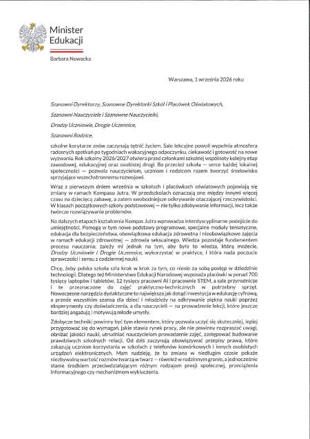 List Minister Edukacji Pani Barbary Nowackiej na rozpoczynający się nowy rok szkolny 2026/
